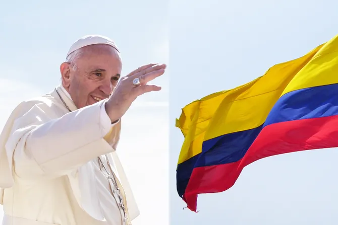 Pope Francis Credit Polifoto Shutterstock Colombia flag Credit J Stephen Conn Flickr CC BY NC 20 CNA