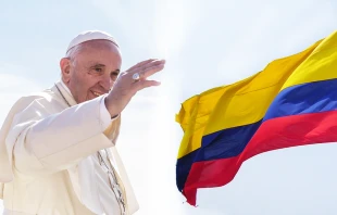 Pope Francis.   Polifoto via Shutterstock. Colombia flag. Credit: J. Stephen Conn via Flickr (CC BY NC 2.0).