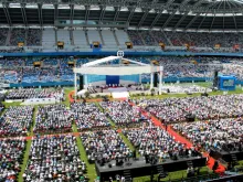 Pope Francis says Mass at the World Cup Stadium in Daejeon, South Korea, Aug. 15, 2014. 