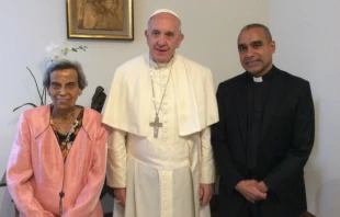 Pope Francis meets with Sarah and Msgr. Anthony Figueiredo at the Santa Marta guesthouse in the Vatican, June 3, 2016. Photo courtesy of Msgr. Figueiredo.