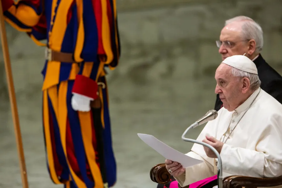 Pope Francis delivers his General Audience address at the Vatican's Paul VI Hall, Feb. 12, 2020. ?w=200&h=150