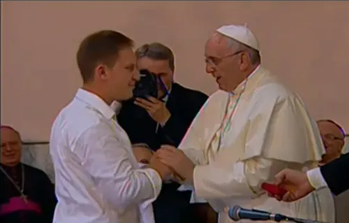 Pope Francis greets staff, youths and adolescents at Bethany Center in Albania Sept. 21. ?w=200&h=150