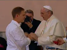 Pope Francis greets staff, youths and adolescents at Bethany Center in Albania Sept. 21. 