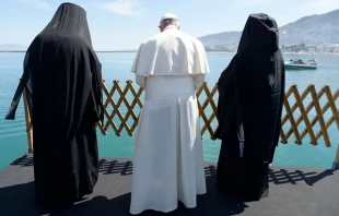 Pope Francis, Patriarch Bartholomew and Archbishop Leronymos look at the sea from Lesbos on April 16, 2016.   L'Osservatore Romano.