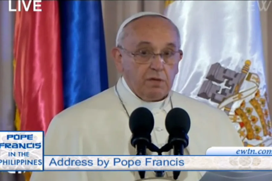 Pope Francis addresses Philippines offiicals and diplomats at the Presidential Palace in Manila Jan. 16.?w=200&h=150