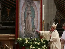 Pope Francis touches an image of Our Lady of Guadalupe at St. Peter's Basilica Dec. 12, 2014. 