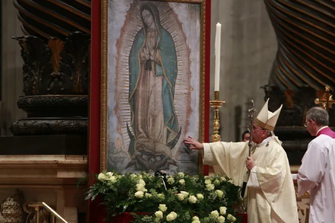 Pope Francis Touches Image Our Lady Of Guadalupe at St Peters Basilica Dec 12 2014