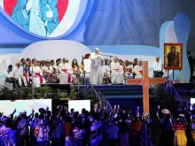 Pope Francis preaches at the Via Crucis during World Youth Day in Panama City, Jan. 25, 2019. 