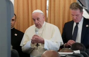 Pope Francis on the return flight from his trip to Geneva, Switzerland, June 21, 2018.   Massimiliano Valenti/CNA