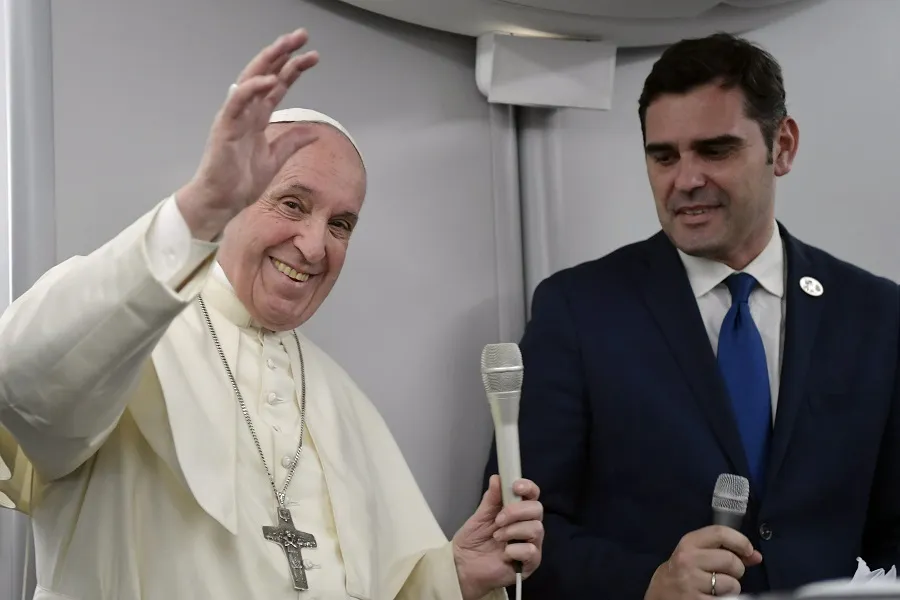 Pope Francis aboard the papal plane from Panama to Rome Jan. 28, 2019. ?w=200&h=150