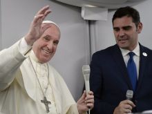 Pope Francis aboard the papal plane from Panama to Rome Jan. 28, 2019. 