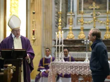 Pope Francis acknowledges Fr. Gonzalo Aemilius, his new personal secretary, during a homily at a Mass in Sant'Anna dei Palafrenieri, Vatican City, March 17, 2013. 