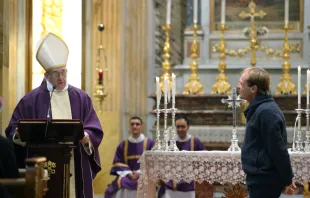 Pope Francis acknowledges Fr. Gonzalo Aemilius, his new personal secretary, during a homily at a Mass in Sant'Anna dei Palafrenieri, Vatican City, March 17, 2013.   Vatican Media.