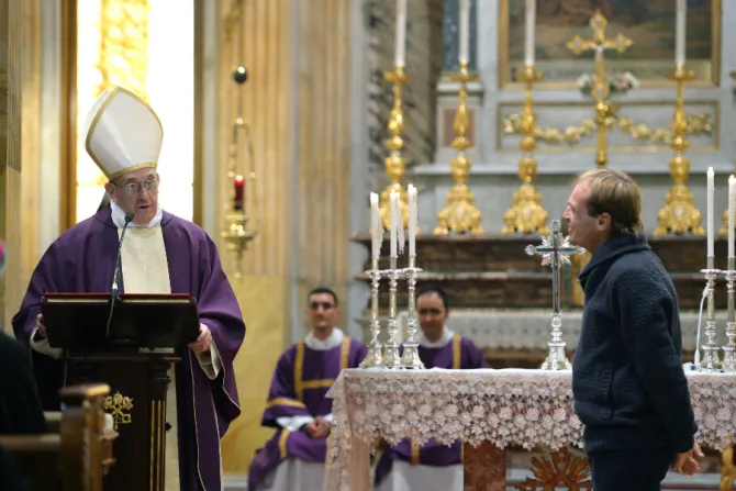 Pope Francis acknowledges Fr Gonzalo Aemilius his new personal secretary during a homily at a Mass in SantAnna dei Palafrenieri Vatican City March 17 2013 Credit Vatican Media