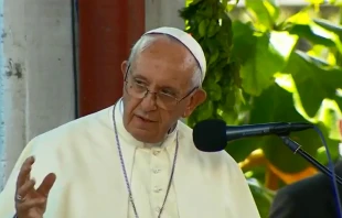 Pope Francis address the community of the Hogar El Principito children's home in Puerto Maldonado, Peru, Jan. 19, 2018.   Vatican Media.