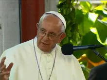 Pope Francis address the community of the Hogar El Principito children's home in Puerto Maldonado, Peru, Jan. 19, 2018. 