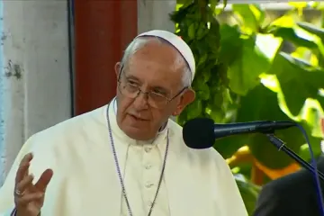 Pope Francis address the community of the Hogar El Principito childrens home in Puerto Maldonado Peru Jan 19 2018 Credit Vatican Media CNA