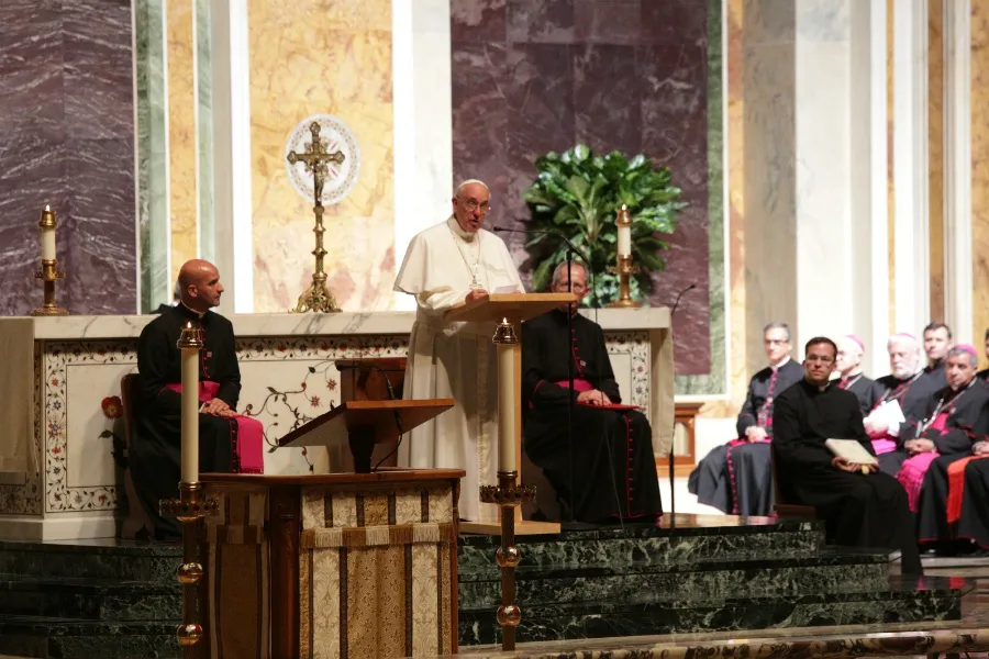 Pope Francis addresses the bishops of the United States in St. Matthew's Cathedral, Washington, D.C., Sept. 23, 2015. ?w=200&h=150