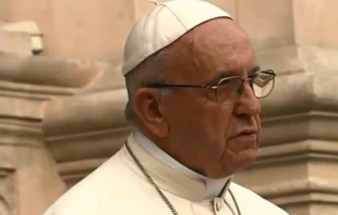 Pope Francis addresses Peruvian authorities before the Government Palace in Lima, Jan. 19, 2018.   Vatican Media.