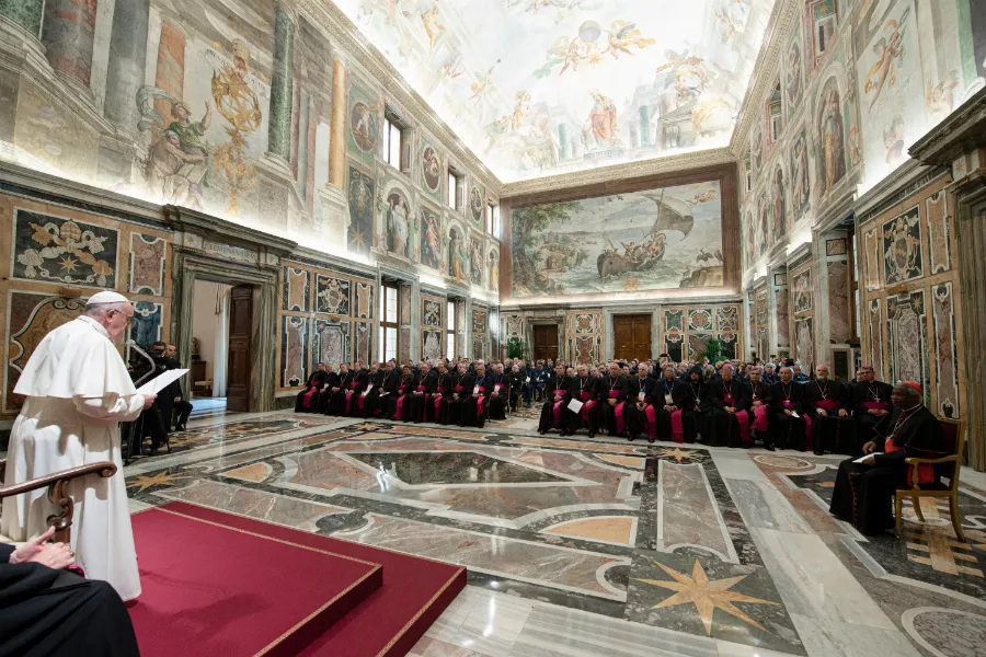 Pope Francis addresses participants in a course of formation of Catholic military chaplains on international humanitarian law in the Clementine Hall, Oct. 31, 2019. ?w=200&h=150
