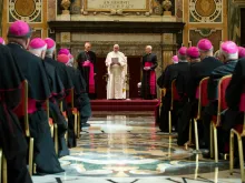 Pope Francis addresses apostolic nuncios in the Vatican's Clementine Hall, June 13, 2019. 