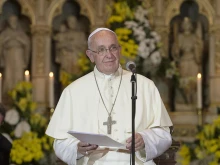 Pope Francis addresses priests, bishops, theologians, and nuns in the Sarajevo Cathedral in Sarajevo, Bosnia and Herzegovina on June 6, 2015. 
