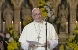 Pope Francis addresses priests, bishops, theologians, and nuns in the Sarajevo Cathedral in Sarajevo, Bosnia and Herzegovina on June 6, 2015.   L'Osservatore Romano