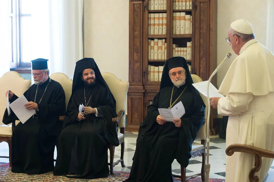 Pope Francis addresses delegates of Bartholomew I, Ecumenical Patriarch of Constantinople, at the Private Library of the Apostolic Palace in the Vatican, June 27, 2015. ?w=200&h=150