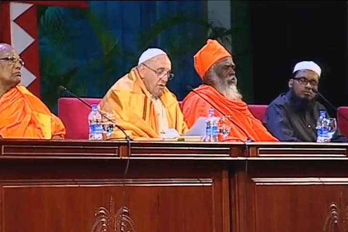 Pope Francis addresses interreligious faith leaders in Colombo, Sri Lanka, Jan. 13, 2015. ?w=200&h=150
