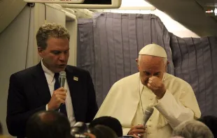 Pope Francis speaks aboard the papal plane from Lima, Peru to Rome Jan. 22, 2018.   Alvaro de Juana/CNA.