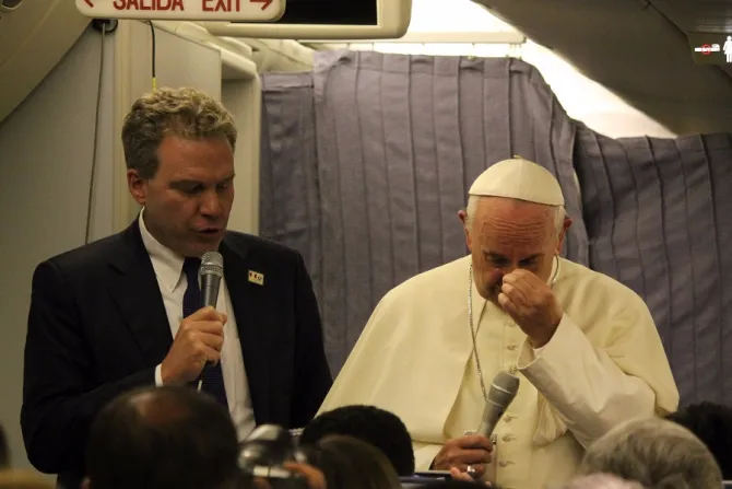 Pope Francis addresses journalists aboard the papal plane from Lima Peru to Rome Jan 22 2018 Credit Alvaro de Juana CNA