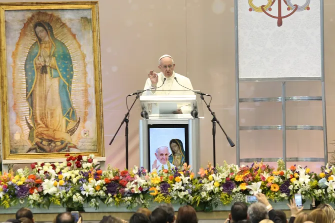 Pope Francis addresses labor leaders in Juarez Mexico Feb 17 2016 Credit Alan Holdren CNA
