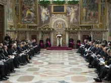 Pope Francis addresses members of the Diplomatic Corp Jan. 8, 2018. 