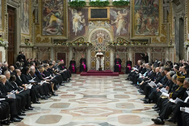Pope Francis addresses members of the Diplomatic Corp Jan. 8, 2018. Credit: Vatican Media.