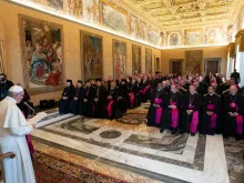 Pope Francis addresses new bishops at the Vatican's Consistory Hall, Sept. 13, 2018. 