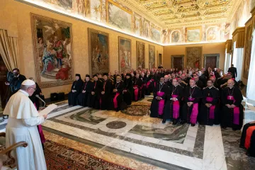 Pope Francis addresses new bishops at the Consistory Hall of the Vatican Sept 13 2018 Credit Vatican Media CNA