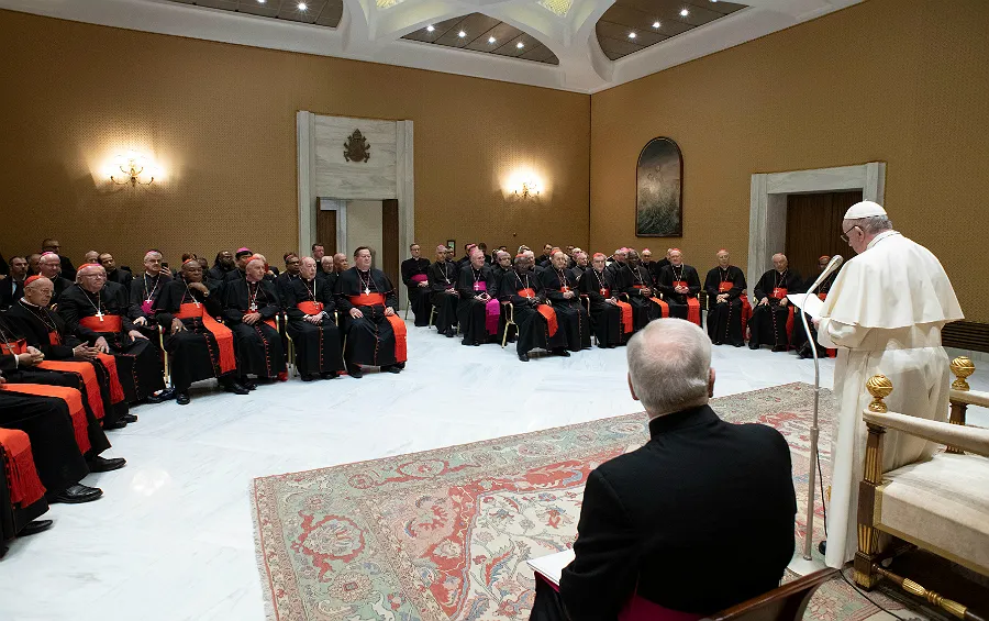 Pope Francis addresses participants in the plenary assembly of the Congregation for Divine Worship in the auletta of the Vatican's Paul VI Hall, Feb. 14, 2019. ?w=200&h=150