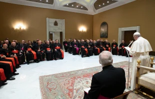 Pope Francis addresses participants in the plenary assembly of the Congregation for Divine Worship in the auletta of the Vatican's Paul VI Hall, Feb. 14, 2019.   Vatican Media.