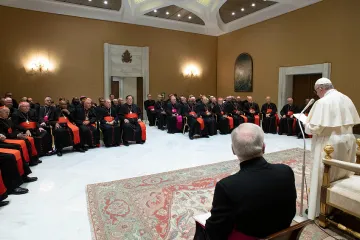 Pope Francis addresses participants at the plenary assembly of the CDW in the auletta of the Vaticans Paul VI Hall Feb 14 2019 Credit Vatican Media CNA