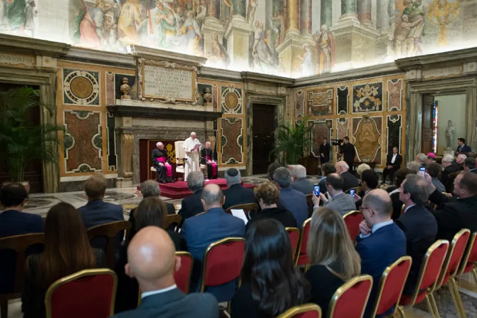 Pope Francis addresses participants in a conference of the Pontifical Academy for Social Sciences at the Vaticans Clementine Hall Oct 20 2017 Credit LOR CNA