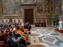 Pope Francis addresses participants in a conference on religions and the sustainable development goals, in the Vatican's Clementine Hall March 8, 2019. 