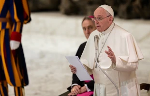 Pope Francis addresses participants in a course on the internal forum organized by the Apostlic Penitentiary at the Vatican's Paul VI Hall, March 29, 2019.   Daniel Ibanez/CNA.