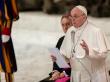 Pope Francis gives an address at the Vatican's Paul VI Hall, March 29, 2019. 