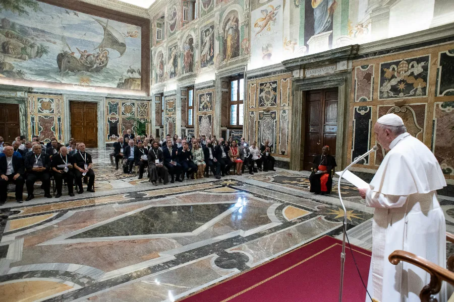 Pope Francis addresses participants in a meeting for chaplains and volunteers of the Apostleship of the Sea in the Vatican's Clementine Hall, June 27, 2019. ?w=200&h=150