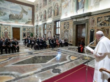 Pope Francis addresses participants in a meeting for chaplains and volunteers of the Apostleship of the Sea in the Vatican's Clementine Hall, June 27, 2019. 