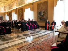 Pope Francis addresses participants in the Reunion of Aid Agencies for the Oriental Churches in the Vatican's Consistory Hall, June 22, 2018. 