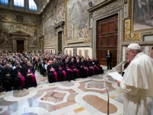 Pope Francis addresses participants in the international congress 'The Richness of Many Years of Life' in the Vatican's Sala Regia, Jan. 31, 2020. 