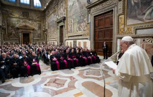 Pope Francis addresses participants in the international congress 'The Richness of Many Years of Life' in the Vatican's Sala Regia, Jan. 31, 2020.   Vatican Media.