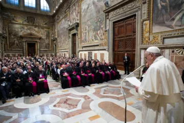 Pope Francis addresses participants in the international congress The Richness of Many Years of Life in the Vaticans Sala Regia Jan 31 2020 Credit Vatican Media