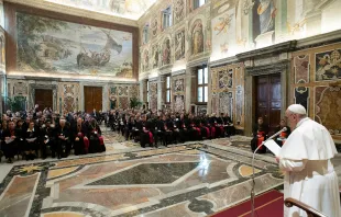 Pope Francis addresses participants in the international congress promoted by the Catholic Biblical Federation at the Vatican's Clementine Hall, April 26, 2019.   Vatican Media.